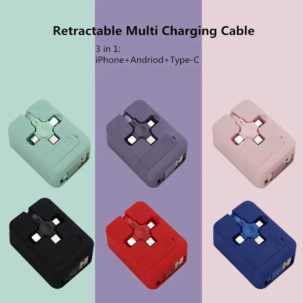 Cabo de carregamento retrátil 3 em 1, cabo USB compatível com iPhone Android Tipo C, suporte para telefone, mini carregador rápido portátil para carro